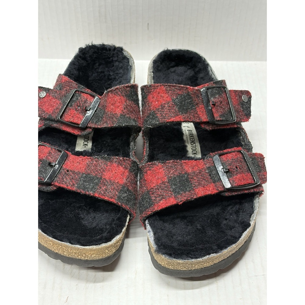 Birkenstock Arizona Shearling Sandals Red Plaid Shoes Women's 9 Men's 7 EUC